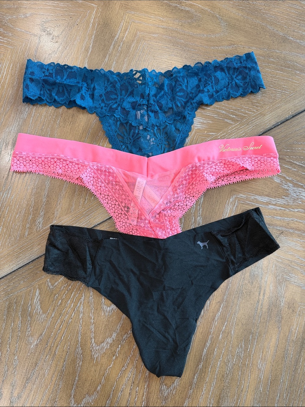 Victoria's Secret Teal, Pink & Black Lace & Seamless Thong Trio